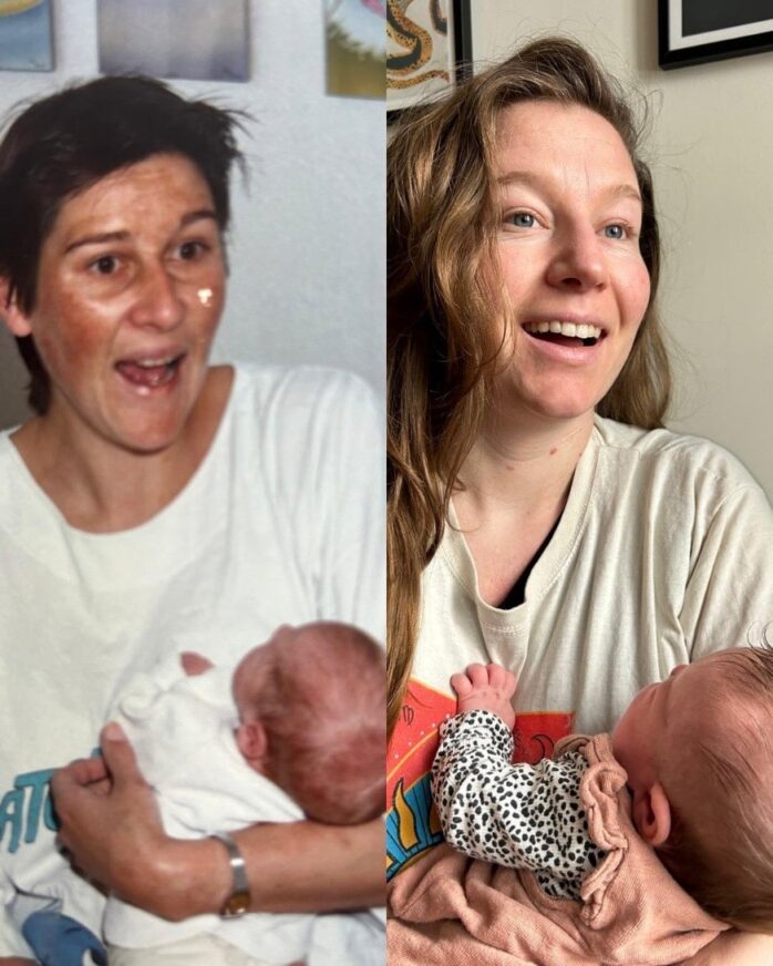 Links Rianne's moeder met een baby in haar armen, rechts Rianne zelf met haar baby in haar armen