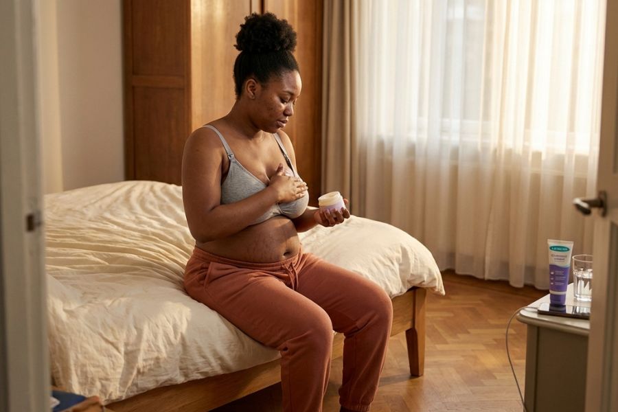 Zwangere vrouw zit op een bed in de slaapkamer en smeert zalf op haar gevoelige tepels