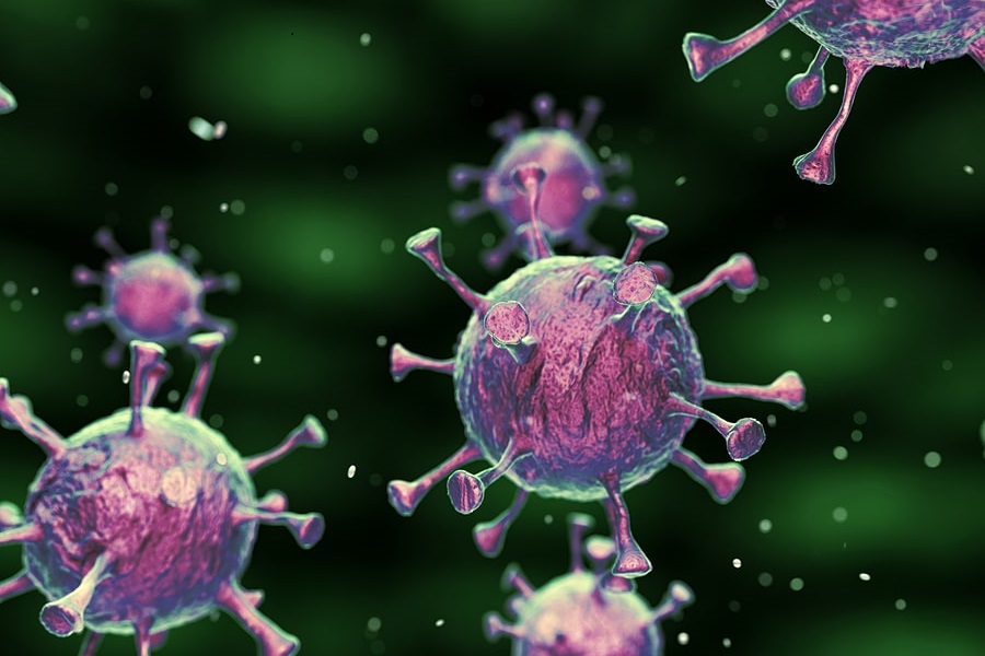 3D beeld van een corona virusdeeltje dat mogelijk de zwangerschap beinvloedt