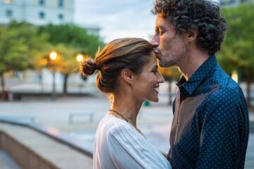 Schwangerschaftsanzeichen: Mann küsst Frau auf die Stirn.