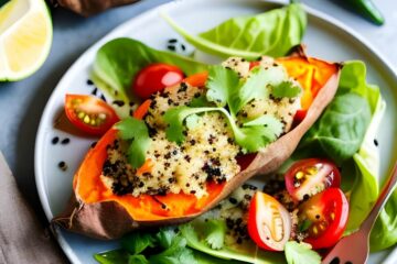 Süßkartoffel mit Quinoasalat und Lachs